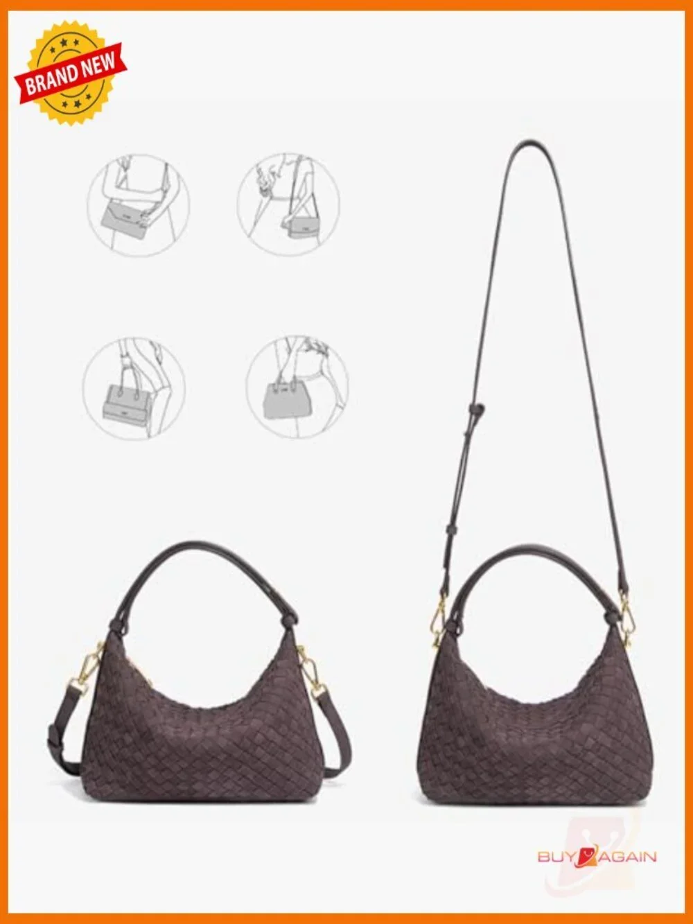 Faux Suede Woven Hobo Tote Crossbody Shoulder Bag with Zipper